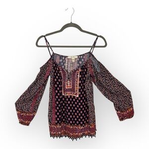 Ella Moon Navy Boho Peasant Blouse Embroidered Printed Long Sleeve Small